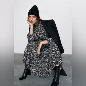 Zara Floral Printed Midi Dress, Black | size M Cottagecore
